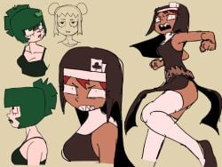 bangs black_dress black_shirt black_shoes blank_background boob_bulge breasts brown_belt christianity cleavage collage cropped dark-skinned_female dark_skin dot_eyes ellie_dee_(ennuikal) ennuikalart gertrude_"trudy"_tennacy_(ennuikal) green_eyes green_hair green_lipstick high_cut_dress jasmine_grimm_(ennuikal) light-skinned_female light_skin medium_breasts nun nun's_habit nun_hat nun_outfit nuns_a_blazing ocs one_color_background original original_characters poker_cards poker_face red_hair sanpaku scowl sharp_teeth simple_background simple_coloring simple_eyes simple_face simple_lighting simple_nose simple_shading slim_waist tank_top trudy_(ennuikal) white_thighhighs