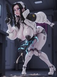 1futa ai_assisted ai_generated altra_x bent_over black_hair black_penis blue_eyes breasts breasts_out cum cum_pool cybernetic_arm cyborg dark_nipples ejaculation futanari gun horsecock knees_together_feet_apart large_breasts large_penis marathon_(bungie) nipples penis pink_pupils rolling_eyes sagging_breasts solo solo_futa spontaneous_ejaculation visor