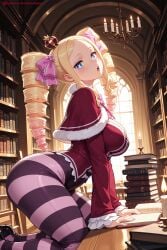 1girl ai_generated all_fours ass bangs beatrice_(re:zero) blonde_hair blue_eyes blush book bookshelf breasts capelet crown drill_hair fur_trim hair_ribbon hi_res high_quality high_resolution indoors kiraamane large_breasts long_hair long_sleeves looking_at_viewer mini_crown open_mouth pantyhose patreon pink_hair re:zero_kara_hajimeru_isekai_seikatsu ribbon seductive sexy solo striped striped_legwear symbol-shaped_pupils twin_drills twintails uncensored watermark