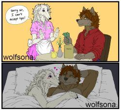 after_sex_cuddling angelo(wolfsona) anthro apron bed bedding blanket blue_bottomwear blue_clothing blue_jeans blue_pants blush border borzoi bottomwear brown_eyes brown_hair candle canid canine canis chair clothing comic countershade_face countershade_torso countershading denim denim_bottomwear denim_clothing dialogue domestic_dog duo english_text eyelid_blush femboy flower fur furniture gesture hair hands_in_front heart_symbol hearts_around_head hi_res hunting_dog intimate jeans lying lying_on_bed makeup male male/male mammal mattress messy_hair money multicolored_body multicolored_fur muscular name_tag night nude on_bed on_chair pants pillow plant restaurant sighthound sitting sitting_on_chair table text two_tone_body two_tone_fur waitress_outfit watermark white_body white_border white_fur white_sclera wolf yellow_eyes zega