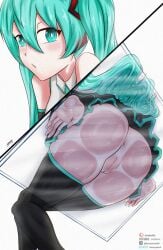 1girls anus ass big_ass black_skirt blue_eyes blue_hair hatsune_miku jhonnyrex no_panties pussy sitting sitting_on_glass skirt solo thick_thighs thighs twintails vocaloid