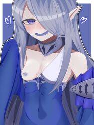 1girls 3shoku_dang0 blue_areola blue_dress blue_eyes blue_tongue chains clothing collar collar_chain dress duel_monster exposed_breasts female female_only flat_chest head_fin heart hi_res inverted_nipples konami looking_at_viewer medium_breasts merfolk mermaid nipples no_bra one_eye_covered one_eye_obstructed open_mouth pale_skin pointy_ears silver_hair smile solo sweatdrop tearlaments_havnis tearlaments_series_(yu-gi-oh!) veil yu-gi-oh!