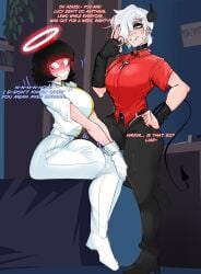 1futa 1girls alqkemy777 angel angel_girl azazel_(helltaker) big_breasts big_penis black_hair black_horns black_tail blush breasts chain cross demon demon_girl demon_horns demon_tail english_text futanari gloves halo helltaker horns large_breasts multiple_girls pants pantyhose red_eyes short_hair smile tail white_hair zdrada_(helltaker)