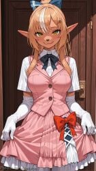 1girl ai_generated blonde_hair blush bow breasts dark-skinned_female dark_skin decurse elbow_gloves elf gloves green_eyes hair_bow hololive large_breasts long_hair looking_at_viewer multicolored_hair pointy_ears ponytail shiranui_flare shirt sidelocks skirt skirt_hold smile solo streaked_hair tongue tongue_out vest virtual_youtuber white_gloves