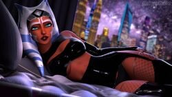 1girls 3d ahsoka_tano alien black_thighhighs candle cityscape female female_only kojimations reclining solo star_wars thighhighs window