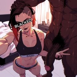 ai_generated self_upload falewii 1girl 1boy v_(cyberpunk_2077) v_sign cyberpunk_2077 sidecut size_difference large_male huge_male dark-skinned_male interracial large_penis huge_penis balls large_balls hairy_male cybernetics cyberpunk indoors bed blacked blacked_clothing black_nails black_nail_polish outstretched_arm veiny_penis vein veins veiny ass ribs stomach navel medium_breasts breasts black_lipstick black_lips black_hair red_hair two-tone_hair multicolored_hair censor_bar face_censor censored censored_face hand_on_head standing selfie