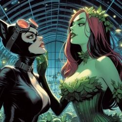 2girls ai_generated arm_at_side bangs bare_shoulders batman:_hush batman_(series) big_breasts black_bodysuit black_mask bodysuit breasts cat_costume catwoman cleavage collar couple dc dc_comics dress duo elbow_gloves eye_contact female/female female_only femdom femsub gloves goggles goggles_on_head green_dress green_eyes green_gloves green_house green_lipstick green_skin greenhouse grey_collar grin hair_ornament half-closed_eyes hand_up head_back indoors leaf leaf_clothing leaf_hair_ornament leaves lezdom lezsub lips lipstick long_hair looking_at_another love makeup mask medium_breasts multiple_females multiple_girls mutual_yuri naughty_face neck night night_sky open_bodysuit open_clothes open_mouth pamela_isley parted_bangs parted_lips pink_lipstick plant plant_girl poison_ivy red_hair romantic romantic_couple round_teeth selina_kyle sky smile straight_hair strapless strapless_dress supervillainess teeth thesirenspell upper_body upper_teeth upper_teeth_only villainess yuri
