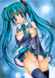 1girls aqua_hair blush breasts censored detached_sleeves female hands hatsune_miku headset long_hair mizuki_chika necktie nipples no_panties open_mouth pussy skirt solo tear thighhighs tied_hair traditional_media twintails very_long_hair vocaloid zettai_ryouiki