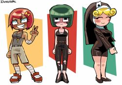3girls black_dress black_hat black_high_heels black_pants black_shoes black_wristband blonde_female blonde_hair blush boob_bulge boobs breasts brown_belt brown_shoes casual_clothes christianity cleavage closed_eyes cross_necklace curly_hair dark-skinned_female dark_skin dot_eyes ellie_dee_(ennuikal) ennuikalart glistening green_hair grey_pants grey_shirt jasmine_grimm_(ennuikal) light-skinned_female light_skin meranda_esquire_(ennuikal) no_nude no_sex nun nun's_habit nun_hat nun_outfit nuns_a_blazing ocs original original_characters poker_cards ripped_pants sanpaku_eyes simple simple_background simple_coloring simple_eyes simple_face simple_lighting simple_shading sports_tape tagme white_background yellow_bow yellow_hair