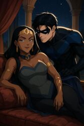 1boy 1girls age_difference ai_generated aqua_dress arabian_female armlet bare_shoulders batman_(series) black_bodysuit black_hair black_legwear black_mask black_pantyhose blue_detached_collar blue_eyes bodysuit bracelet breasts brown_lipstick cleavage closed_mouth couple dark-skinned_female dark_skin dc dc_comics detached_collar dick_grayson domino_mask dress earrings eye_contact femsub gold_armlet gold_bracelet gold_earrings gold_jewelry half-closed_eyes hero indoors interracial interracial_couple jewelry legwear lips lipstick long_hair looking_at_another looking_at_viewer looking_away looking_down makeup maledom mask medium_breasts naughty_face neck night night_sky nightwing palace pantyhose queen_bee_(dc) short_dress short_hair sitting skin_tight sky smile standing star starry_sky straight straight_hair strapless strapless_dress superhero superhero_costume supervillainess thesirenspell tiara villainess young_justice
