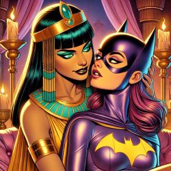 2girls ai_generated alternate_color alternate_hair_color aqua_eyes aqua_eyeshadow arabian_clothes arabian_female arms_at_sides bangs barbara_gordon bat bat_print bat_symbol batgirl batgirl_(barbara_gordon) batman_(series) behind_another black_hair black_lipstick blunt_bangs bodysuit breasts brown_eyes candle candlestand cleopatra couple crossover curtains dark-skinned_female dark_skin dc dc_comics duo egyptian_clothes egyptian_female eye_contact eyeshadow female/female female_only femdom femsub fire from_behind_position gold_headwear gold_jewelry grin half-closed_eyes headphones headwear heroine hugging hugging_from_behind imminent_kiss indoors jewelry lavender_eyeshadow lezdom lezsub lips lipstick long_hair looking_at_another looking_back looking_back_at_another love makeup mask medium_breasts multiple_females multiple_girls mutual_yuri naughty_face neck night night_sky palace parted_lips purple_bodysuit purple_eyeshadow purple_hair purple_lipstick purple_mask romantic romantic_couple sky smile straight_hair superhero_costume superheroine thesirenspell upper_body yuri