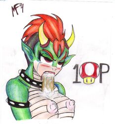 1-up 1girls 2009 angry anthro areola armband bangs blush bowser breasts collar crying cum cum_in_mouth cum_inside cum_on_breasts empty_eyes erect erect_nipples erection excessive_cum fellatio female female_bowser forced forced_fellatio green_skin hair horns huge_cock koopa large_areolae large_nipples lips lizard looking_away male mario_(series) maujenfijeta mohawk monster monster_girl multicolored_hair nintendo nipples oral overflow paizuri penis perky_breasts pink_areola pink_nipples pointy_ears red_eyes red_hair red_lipstick rule_63 scalie short_hair sketch spiky_hair straight straight_hair studded_armband studded_collar super_mario_bros. tears white_background