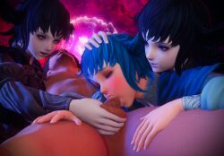 2022 bisexual bisexual_female blue_eyes blue_hair cum cum_in_mouth deepthroat fellatio fffm_foursome final_fantasy final_fantasy_xiv hand_on_another's_balls hand_on_another's_head hi_res holding_balls kayuri meteion selfcest square_enix