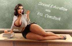3d bare_legs big_breasts bioshock bioshock_infinite black_hair blue_eyes bra breasts burial_at_sea busty choker classroom cleavage elizabeth_comstock elizabeth_comstock_(burial_at_sea) female female_focus female_only glasses high_heels hourglass_figure large_breasts lollipop long_hair makeup miniskirt necklace pearl_necklace pinup pinup_pose sekaithereturn skirt tagme teacher text wide_hips