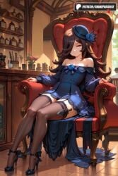 1girls 2025 ai_assisted ai_generated anime animeprds25 artist_name bare_shoulders blue_dress blue_flower blue_headwear blue_rose chair dagger dress flower hair_over_one_eye hat hat_flower hi_res high_heels high_quality high_resolution highres knife long_hair long_sleeves looking_at_viewer off-shoulder_dress off_shoulder patreon patreon_username purple_eyes rice_shower_(umamusume) rose sitting solo stable_diffusion strappy_heels thighhighs tilted_headwear watermark weapon