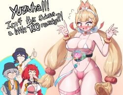 1boy 3girls absurd_res alice_thymefield alice_thymefield_(sea_of_thyme) alternate_costume animal_ears belle_(summer_skies)_(zenless_zone_zero) belle_(zenless_zone_zero) big_breasts bikini blonde_hair blue_hair blush brother_and_sister bucket_hat english_text grey_hair heterochromia highres kallentsu large_breasts micro_bikini nosebleed official_alternate_costume one-piece_swimsuit open_mouth red_eye red_hair see-through see-through_clothing short_tail swimsuit text thick_thighs thigh_gap thumbs_up twintails ukinami_yuzuha ukinami_yuzuha_(tanuki_in_broad_daylight) wide_hips wise_(peaceful_waves)_(zenless_zone_zero) wise_(zenless_zone_zero) yellow_eye zenless_zone_zero