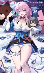 absurdres belt big_breasts black_choker blue_eyes blue_jacket blue_skirt blush breasts button_gap cameltoe camera character_doll character_name choker cleavage collarbone commentary csora doll female female_only hair_between_eyes hair_intakes highres holding holding_camera honkai:_star_rail honkai_(series) huge_breasts jacket large_breasts long_hair long_sleeves looking_at_viewer march_7th_(honkai:_star_rail) multicolored_eyes off_shoulder open_mouth panties pantyshot photo_(object) pink_eyes pink_hair plushie purple_belt pussy pussy_visible_through_clothes shirt skirt smile solo stelle_(honkai:_star_rail) teasing teeth thick_thighs thigh_strap thighs trailblazer_(honkai:_star_rail) two-tone_eyes underwear upper_teeth_only white_panties white_shirt