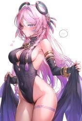 1girl armlet bare_shoulders blue_eyes blush body_markings braid breasts citlali_(genshin_impact) closed_mouth commentary covered_navel cowboy_shot elbow_gloves facial_mark fingerless_gloves fingernails floating_headgear forehead_mark genshin_impact gloves gradient_hair hair_intakes headgear highleg highleg_leotard highres jewelry leotard long_fingernails long_hair looking_at_viewer medium_breasts multicolored_hair nail_polish pillo pink_hair pink_pupils purple_gloves purple_hair purple_leotard purple_nails purple_sarong sarong simple_background solo spoken_blush thighs triangle triangle_facial_mark untranslatable_commentary white_background