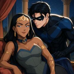 1boy 1girls age_difference ai_generated aqua_dress arabian_female armlet bare_shoulders batman_(series) black_bodysuit black_hair black_legwear black_mask black_pantyhose blue_detached_collar blue_eyes bodysuit bracelet breasts brown_lipstick cleavage closed_mouth couple dark-skinned_female dark_skin dc dc_comics detached_collar dick_grayson domino_mask dress earrings eye_contact femsub gold_armlet gold_bracelet gold_earrings gold_jewelry half-closed_eyes hero indoors interracial interracial_couple jewelry legwear lips lipstick long_hair looking_at_another looking_at_viewer looking_away looking_down makeup maledom mask medium_breasts naughty_face neck night night_sky nightwing palace pantyhose queen_bee_(dc) short_dress short_hair sitting skin_tight sky smile standing star starry_sky straight straight_hair strapless strapless_dress superhero superhero_costume supervillainess thesirenspell tiara villainess young_justice