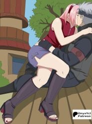boots hatake_kakashi kiss kissing naruto naruto_(series) onyxycl sakura_haruno skirt