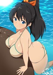 bikini brown_hair butt_crack cleavage female ganaha_hibiki huge_breasts idolmaster long_hair poolside smiling swimming