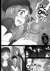 :o blush breasts comic covered_eyes cum cum_on_body cum_on_upper_body ejaculation english erection femdom finger_licking freckles ghettoyouth giving_up_the_ghost glasses handjob hat heart heart-shaped_pupils highres licking long_hair minami_hana_(ghettoyouth) monochrome movie_theater multiple_boys multiple_girls nipples original penis projectile_cum puffy_nipples shirt_lift small_breasts symbol-shaped_pupils tongue uncensored