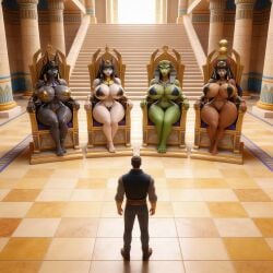 1boy 1men 3d 4girls 4girls1boy 4women ai_generated anubis bastet big_ass big_breasts bikini black_body black_hair black_skin blue_eyes brown_body brown_hair cat_girl crocodile_girl dog_girl egyptian egyptian_female egyptian_mythology furry furry_female gigantic_breasts god green_body green_eyes green_skin ravenomega sabek sekhmet sexy_body short_bikini sobek throne_room white_body white_skin yellow_eyes