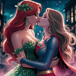 2girls ai_generated alien_girl bangs bare_arms bare_shoulders batman_(series) blonde_female blonde_hair blue_shirt breasts building cape city cleavage closed_eyes collarbone couple dc dc_comics dress duo earrings eyeshadow female/female female_only floating_hair green_dress green_eyes hair_ornament heroine hugging jewelry kara_zor-el kissing leaf leaf_clothing leaf_hair_ornament leaves lips lipstick long_hair long_sleeves love makeup medium_breasts multiple_females multiple_girls mutual_yuri neck night night_sky off-shoulder_dress off_shoulder outdoors pamela_isley parted_bangs plant_girl pleated_skirt poison_ivy red_cape red_hair red_lipstick red_skirt romantic romantic_couple shirt skirt sky standing straight_hair supergirl supergirl_(series) superhero_costume superheroine superman_(series) supervillainess thesirenspell villainess yuri