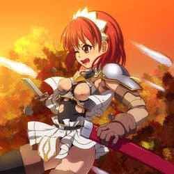 armor caryo cecily_cambell gloves leotard nipples red_eyes red_hair seiken_no_blacksmith sheath short_hair sword tam2 thighhighs torn_clothes weapon