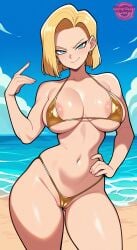 ai_generated android android_18 android_girl areola_slip barely_clothed beach big_breasts bikini blonde_hair blue_eyes breasts child_bearing_hips cleavage confident dragon_ball dragon_ball_(classic) dragon_ball_(series) dragon_ball_super dragon_ball_z flossing gold_bikini gold_bikini_bottom gold_bikini_top hips jorgecarlosai micro_bikini milf milf_body mommy mommy_kink navel nipple_bulge posing pussy sand sexy sexy_body sexy_pose short_hair smirk taut_clothes thighs tight_bikini water watermark