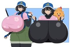 1girls big_breasts black_hair breasts breasts_bigger_than_head breasts_bigger_than_torso casualdemo female female_only female_protagonist_(pokemon_ww) fingerless_gloves game_freak gigantic_breasts gloves gothic_taco hat huge_ass huge_breasts nintendo pokemon pokemon_ww pombon pomken thick_thighs thighs
