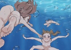 3girls ahoge air_bubble ass barefoot black_hair blush breasts breath brown_hair bubble collarbone completely_nude diving feet female freediving futami_mami holding_breath htnhtn555 idolmaster idolmaster_(classic) long_hair looking_at_viewer minase_iori miura_azusa multiple_girls nude ocean pussy short_hair side_ponytail skinny_dipping small_breasts smile soles swimming underwater