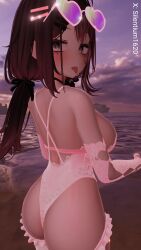 1girls ass ass_focus beach breasts choker collar female frills glasses gloves large_breasts leotard looking_at_viewer open_mouth rose silentium1620 silya tagme thighhighs tongue tongue_out vrchat vrchat_avatar vrchat_booth