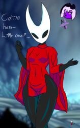 black_body dark_skin dress female female_only hollow_knight hornet_(hollow_knight) mask nekho_karma_(artist) red_clothing requesting silksong small_breasts text wide_hips