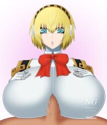 1boy 1girls aegis_(persona) aigis_(persona) android atlus axel_persona big_breasts blonde_hair blue_eyes bow breasts censored gloves hetero huge_breasts mosaic_censoring paizuri penis persona persona_3 red_bow robot robot_girl short_hair solo_focus