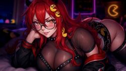 :v ai_generated ass blush collar coreia gabu_lml glasses horns large_breasts long_hair panties red_hair virtual_youtuber