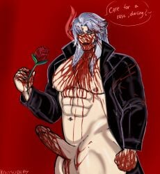 1boy big_balls big_cock big_penis blood blood_drip blood_on_face blood_on_penis canon_rapist covered_in_blood creepypasta handsome humanization humanized kinkysoldiers muscular nightmare_husbando offenderman piercings rapist red_eyes rose smoking white_hair