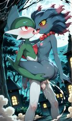 1boy 1girls ai_generated anthrofied bluish_green_hair blush blushing_female breast dark_blue_hair dark_green_hair female french_kissing gallade ghost ghost_girl haunted_house kissing_while_penetrated leg_lock misdreavus moonlight multicolored_hair necklace night nintendo nipples pink_hair pink_nipples pokemon pokemon_(species) red_eyes red_necklace sharp_teeth spiderweb stand_and_carry_position standing yellow_sclera