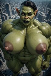 ai_generated black_hair black_lipstick buff bulky_female city giantess green_skin high_angle_view muscular muscular_female orc_female original_character perchance_ai pointy_ears portrait side_hair smile strong_female yellow_eyes