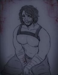 bandage bandages bandages_on_arms bara bara_tiddies bara_tits barazoku beard big_pecs bleeding bleeding_from_mouth blood blood_drip blood_in_mouth blood_on_face blood_splatter blood_stain colorless crying crying_with_eyes_open harness iron_lung iron_lung_(movie) kneeling male male_focus male_only markiplier men nipples on_floor pants pecs pectorals sabbasarts simon_(iron_lung) solo solo_focus solo_male sweat sweatdrop sweating sweaty sweaty_body tear tearing_up tears uncolored wavy_hair