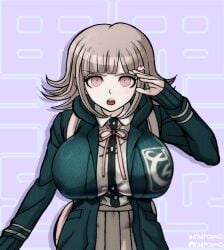 1girls backpack bag bangs big_breasts breasts danganronpa danganronpa_2:_goodbye_despair dated edit eyebrows_visible_through_hair female female_only flipped_hair grey_hair hair_ornament hairclip hood hoodie karfound large_breasts looking_at_viewer nanami_chiaki open_mouth pink_eyes pink_hair pink_neckwear pink_ribbon pleated_skirt ribbon shirt short_hair skirt solo sprite sprite_edit white_shirt