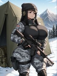 1girls 2025 ai_generated beanie beanie_hat big_breasts black_eyes black_hair camo camo_clothing camo_print child_bearing_hips el_memc female female_only female_soldier goth goth_girl gun holding_gun huge_breasts hyper_breasts looking_away melina_(memch0) memch0 oc original original_character soldier sweat sweatdrop sweating sweaty thick_thighs thunder_thighs