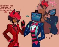 2boys alastor_(hazbin_hotel) alexgezben animal_ears animal_tail ass big_penis blue_body blue_skin blush butt chest_tuft clothed collar english english_text gay gills hazbin_hotel leash leash_and_collar naked nervous nipples nude penis petplay red_eyes red_hair sharp_teeth simple_background thick_eyebrows thinking thought_bubble tv_head vox_(hazbin_hotel) yaoi