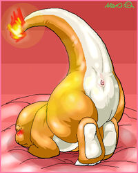 back_view beige_skin blush charmander closed_eyes color female female_only fire meru nintendo nude orange_skin pokémon_(species) pokemon pokemon_rgby raised_tail solo tagme tail tail_fire