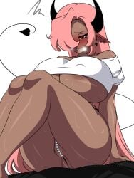 amelia_(mg231101778) big_ass big_breasts big_thighs black_horns blush devil_tail digital_art earrings female_only hair_covering_eye half_naked horns huge_breasts huge_thighs legs long_hair m.grace mg231101778 necklace no_panties no_pants original_character pink_hair pointed_ears pussy red_eyes sitting succubus succubus_horns succubus_tail sweating tanned_skin tanned_skinned_female tits_covered white_shirt