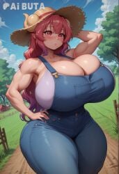 ai_generated aibuta alternate_body_type alternate_breast_size arm_up armpits bare_shoulders big_ass big_thighs blue_overalls blue_sky blush bottom_heavy breasts child_bearing_hips cleavage cloud collarbone curvaceous curves curvy curvy_body curvy_figure day dragon_girl dragon_horns female fence gigantic_ass gigantic_breasts glossy glossy_body gradient_hair grass hand_on_own_hip hat hi_res high_resolution highres horns horns_through_headwear hourglass_figure huge_ass huge_breasts ilulu_(dragon_maid) ilulu_(maidragon) large_thighs long_hair massive_ass miss_kobayashi's_dragon_maid multicolored_hair muscular muscular_female outdoors overalls pink_hair pointy_ears purple_hair red_eyes red_hair shiny_skin shirt skin_gloss skull_crushing_thighs sky slit_pupils solo stable_diffusion standing straw_hat sun_hat tank_top thick_thighs thighs thunder_thighs tree voluptuous wide_hips wooden_fence