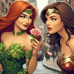 2girls adapted_costume ai_generated amazon bangs bare_shoulders batman_(series) black_hair breasts car choker city cleavage closed_mouth collarbone couple day dc dc_comics diana_prince dress duo duo_focus eye_contact female/female female_only femdom femsub flower green_choker green_dress green_eyes green_headband grin hair_ornament hand_up headband heroine holding holding_flower holding_rose jewelry justice_league justice_league_unlimited leaf leaf_clothing leaf_hair_ornament leaves leotard lezdom lezsub lips lipstick long_hair looking_at_another looking_back looking_back_at_another love makeup medium_breasts multiple_females multiple_girls mutual_yuri nail_polish naughty_face neck outdoors pamela_isley parted_bangs parted_lips petals pink_flower pink_petals pink_rose plant_girl poison_ivy red_hair red_leotard red_lipstick red_nails romantic romantic_couple rose seducing smile straight_hair strapless strapless_dress strapless_leotard street superhero_costume superheroine supervillainess themysciran thesirenspell tiara upper_body villainess wonder_woman wonder_woman_(series) yuri