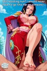 ai_assisted ai_generated bare_legs bare_thighs barefoot big_breasts black_hair blue_eyes boa_hancock breasts caption cleavage clenched_teeth clohted_sex clothed clothed_female clothed_female_nude_male comic curvy curvy_body curvy_female feet female femdom foot_fetish foot_focus footjob from_below hand_on_hip huge_breasts large_breasts long_hair looking_at_viewer male male_pov moonwool_branch one_piece pov red_toenails smile smiling smirk smug standing standing_on_one_leg stepped_on talking talking_to_another thick_ass thick_thighs thighs toenail_polish toes uncensored