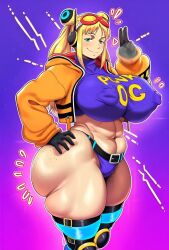 abs ai_generated animated big_nipples blonde_hair bouncing_ass bouncing_breasts female female_only freckles freckles_on_ass gigantic_breasts hand_on_hip huge_breasts huge_nipples jacket jiggling_ass jiggling_breasts looking_at_viewer massive_breasts moaning nipple_bulge one_piece open_jacket peace_sign skindentation smug sound tagme thick_thighs toned_belly twintails vegapunk_york video wide_hips