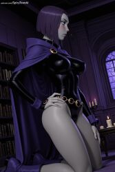 1girl 2:3 ai_generated artist_name bare_legs belt big_breasts blush blushing book bookshelf boots breasts candles cape dc_comics female female_only forehead_jewel from_side hand_on_hip hi_res high_quality high_resolution impossible_clothes indoors jewelry kneeling leotard library lips long_sleeves loose_belt navel_outline nipple_bulge patreon patreon_username profile purple_hair rachel_roth raven_(dc) seductive shiny short_hair solo spicytoonai teen_titans uncensored watermark